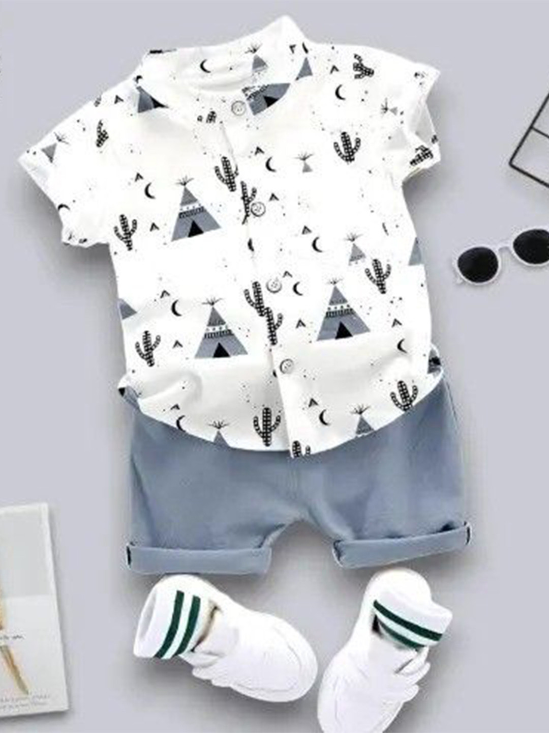 GLAM ELEGANCE Kids Printed Band Collar Shirt With Shorts