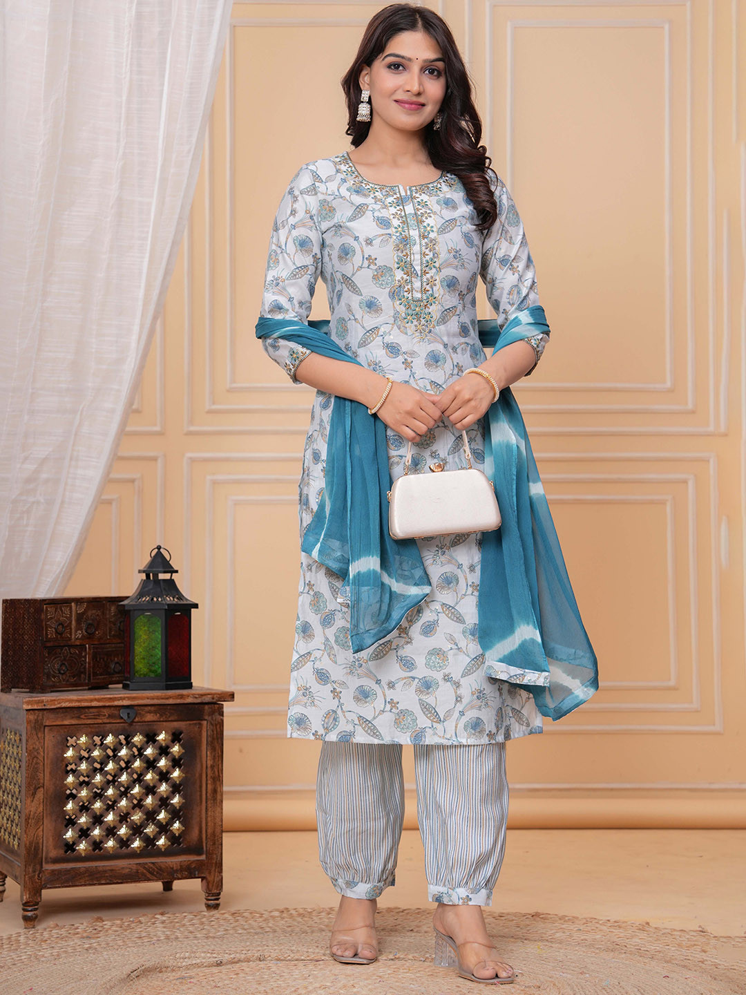 Meeranshi Floral Printed Notch-Neck Thread Work Kurta With Harem Pants And Dupatta