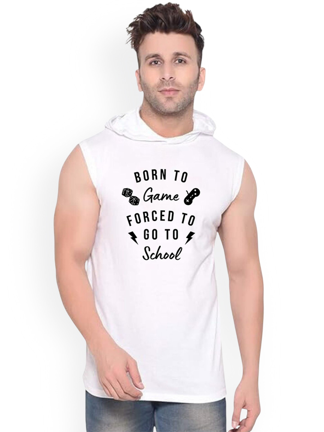 FABSTIEVE Born To Game Printed Cotton Hooded Neck Basic Gym-Vest