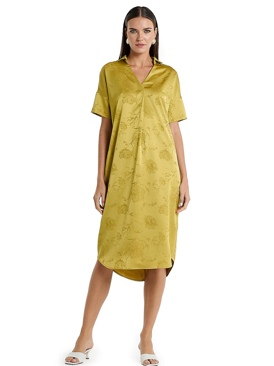 BCBG Floral Self Design Jacquard Shirt Collar Midi Dress