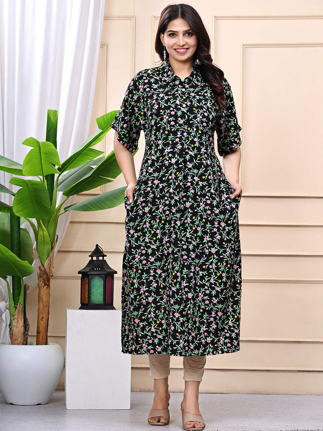 rf clothes Floral Printed Shirt Collar Short Sleeves Straight Kurta