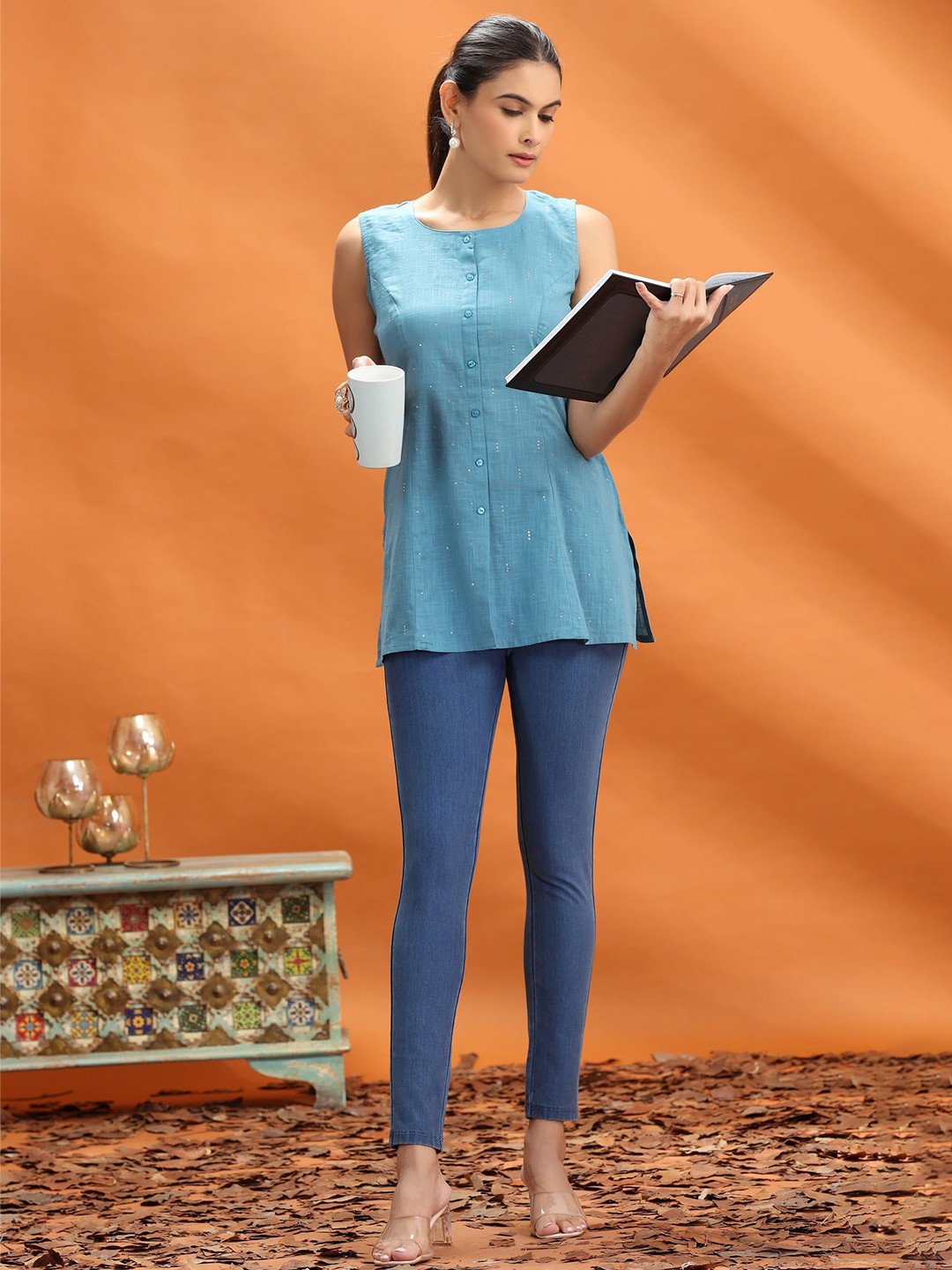 COTTON CULTURE Women  Teal Slub Cotton Straight Short Kurti