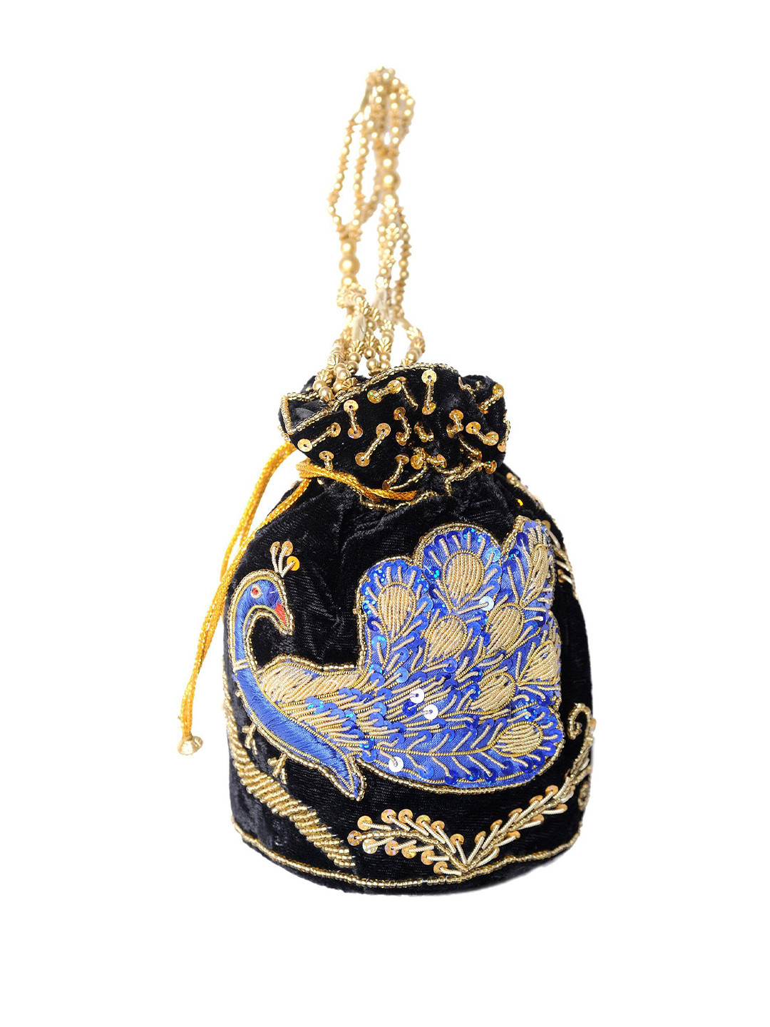Exotic India Peacock Zardosi Embroidered Velvet Potli Clutch