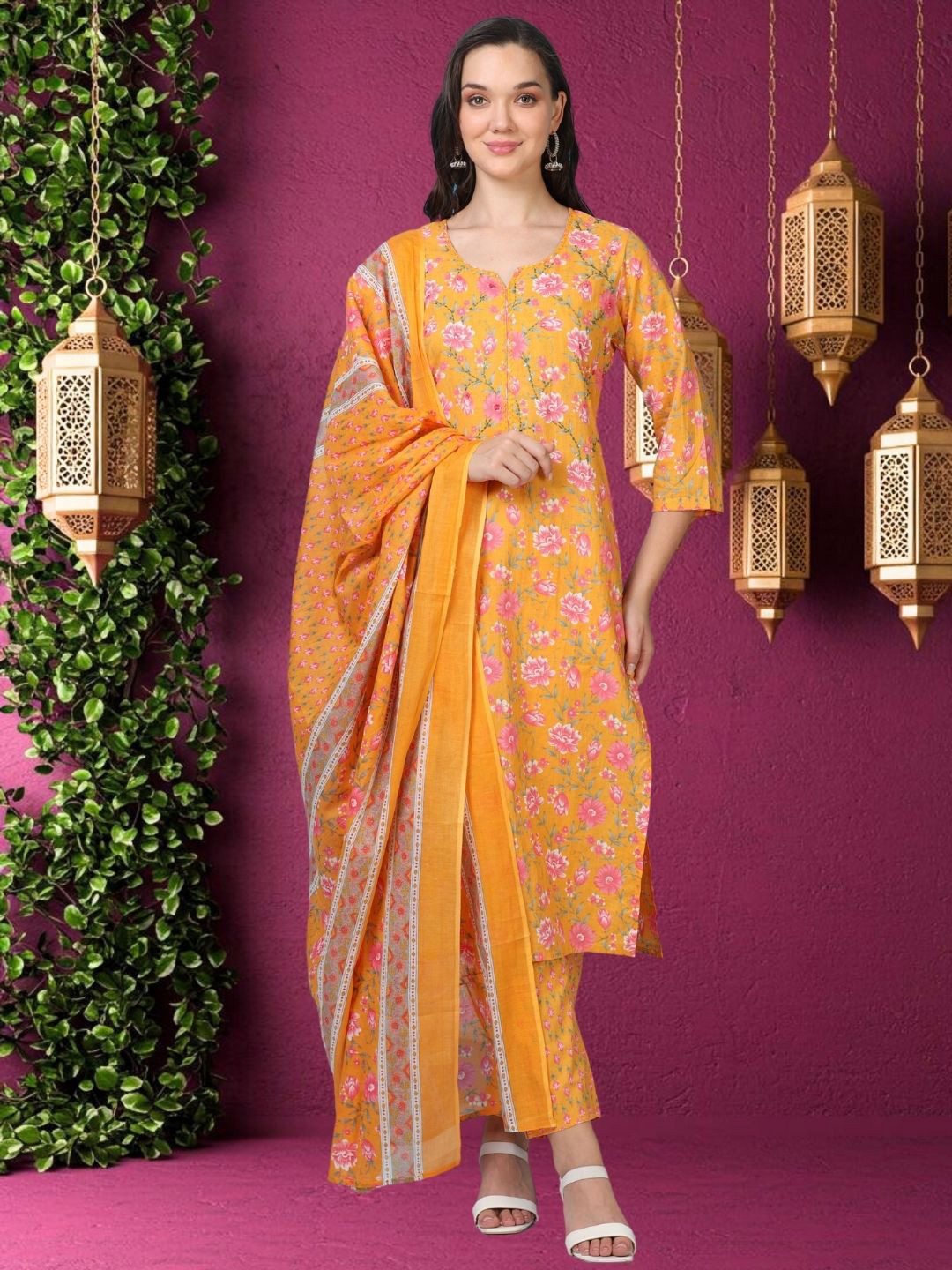 neonari Floral Printed Notch Neck Pure Cotton Straight Kurta With Trousers And Dupatta