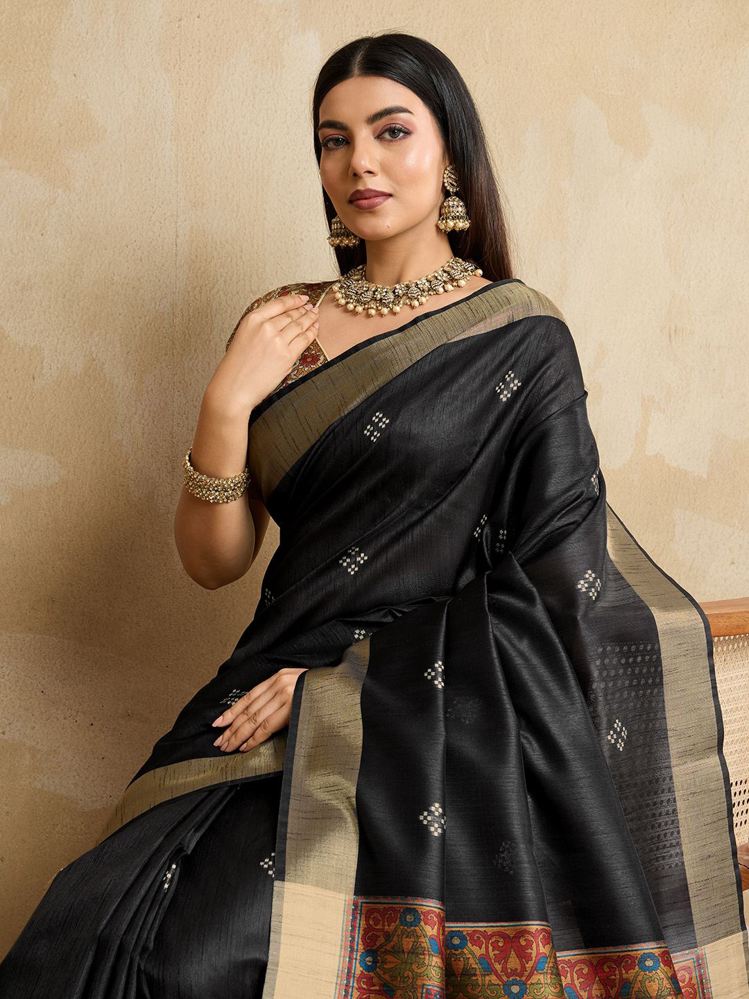 PBS PRINTS Woven Design Zari Printed Tussar Saree