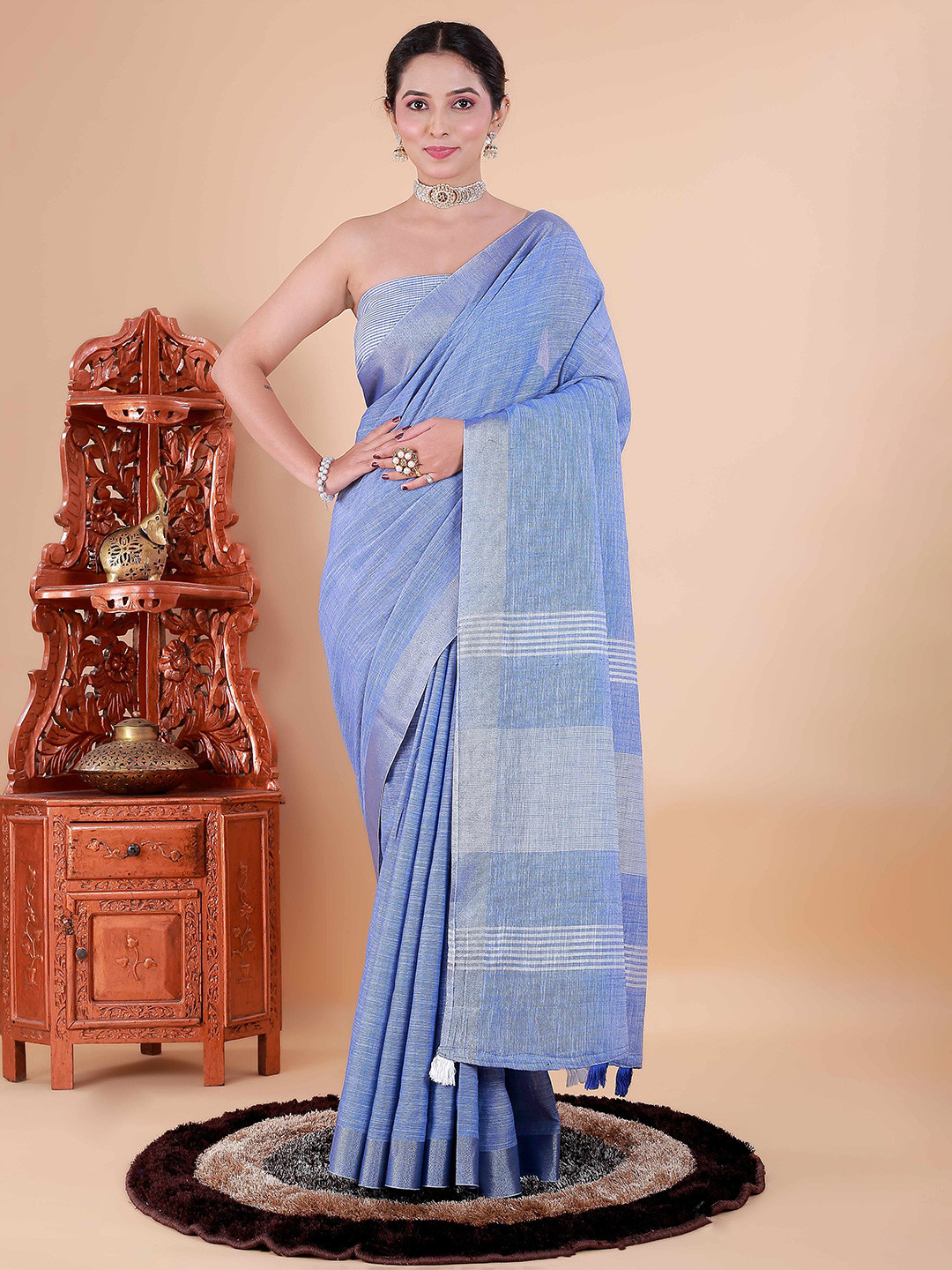 NEGRONI Pure Linen Saree With Zari Border