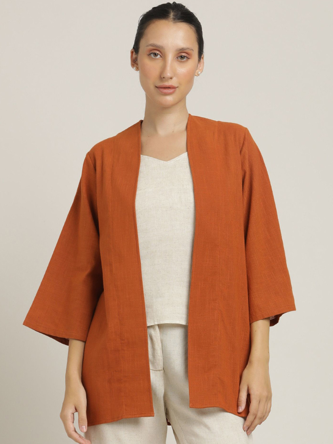 Saltpetre Flared Sleeves Pure Cotton Open Front Shrug