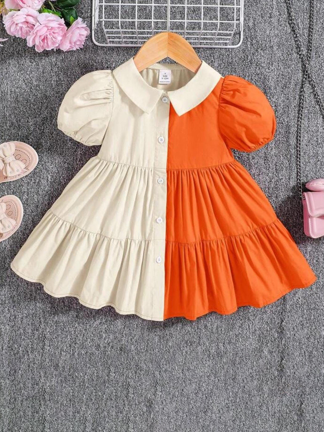 VAVA Creation Girls Colourblocked Peter Pan Collar Organic Cotton Fit & Flare Midi Dress