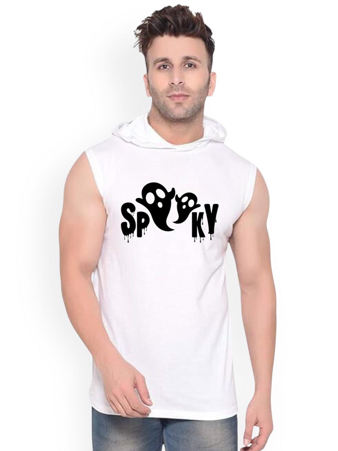 FABSTIEVE Spoky Printed Cotton Hooded Neck Gym Vest