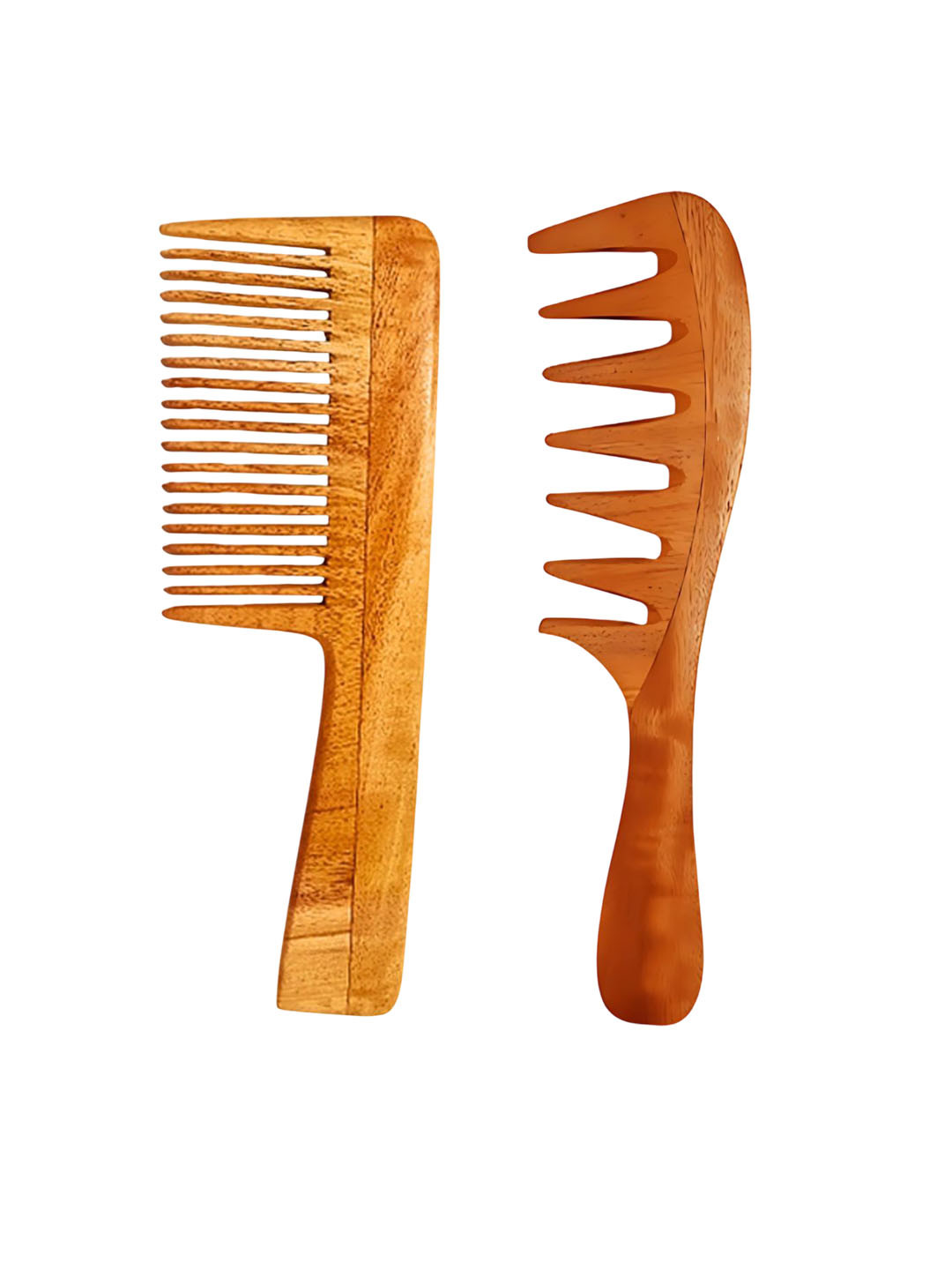 RUFIYS Set Of 2 Neem Wide Tooth Wooden Comb For Hair Growth & Dandruff Brown