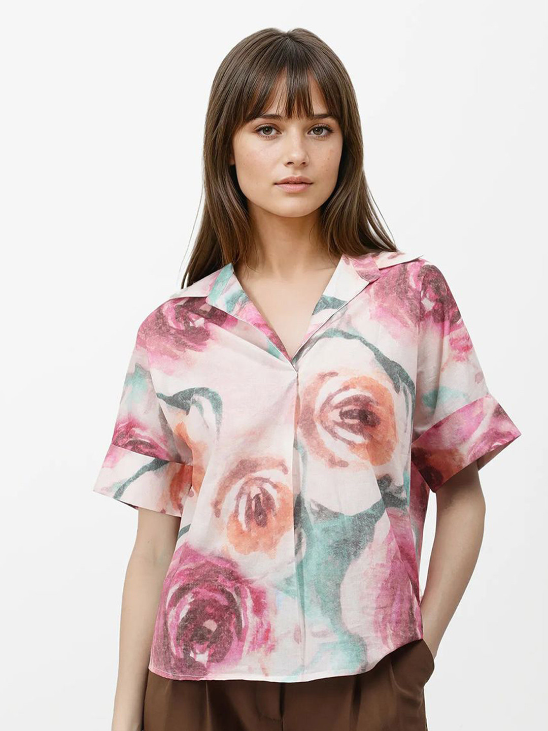 RAREISM Abstract Printed Extended Sleeves Lapel Collar Cotton Regular Boxy Top