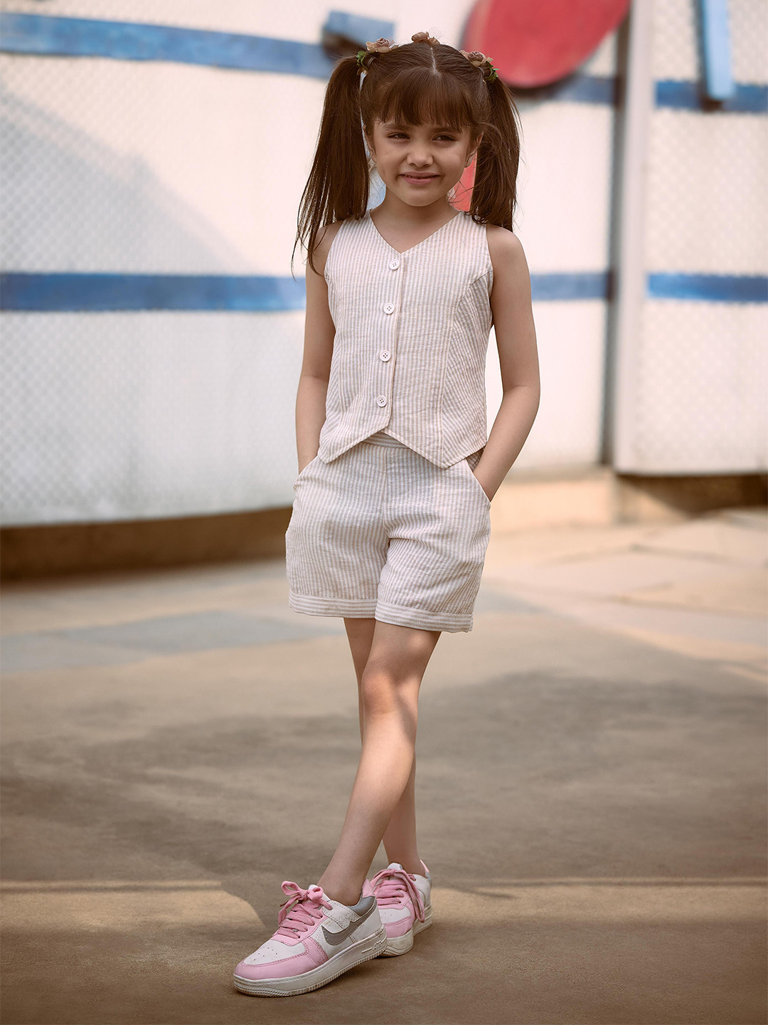 Tiny Girl Striped V-Neck Sleeveless Pure Cotton Top With Shorts