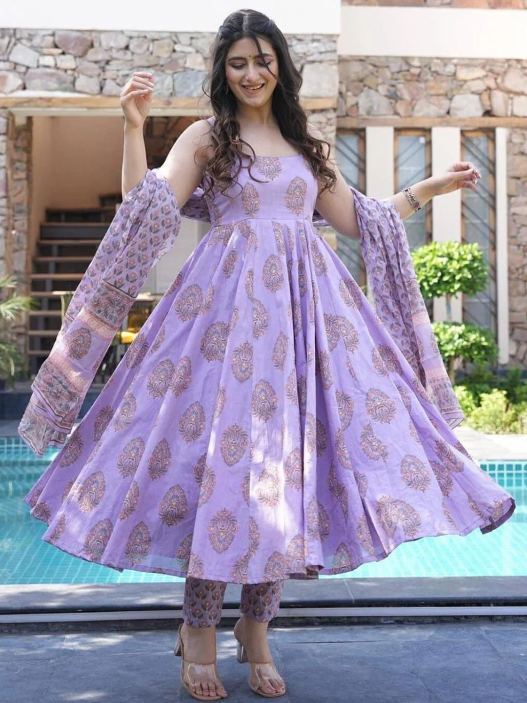 KALINI Women Floral Printed Angrakha Kurta with Trousers & With Dupatta