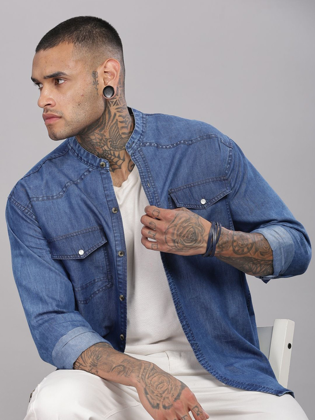 7TH LEGION Smart Denim Regular Fit Spread Collar Casual Shirt