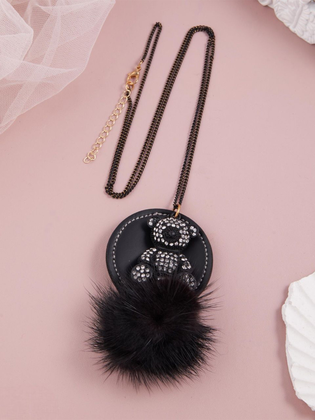 GC PREMIUM JEWELLERY Black Teddy Artificial Stones Studded Pendant & Pom-Pom With Chain