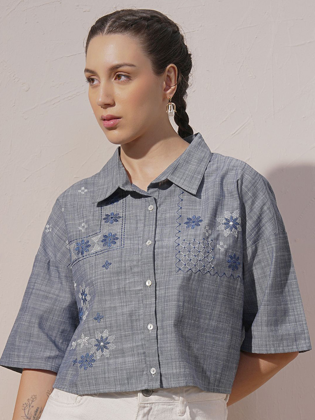 Vara By Vishudh Floral Embroidered Cutaway Collar Cotton Crop Shirt