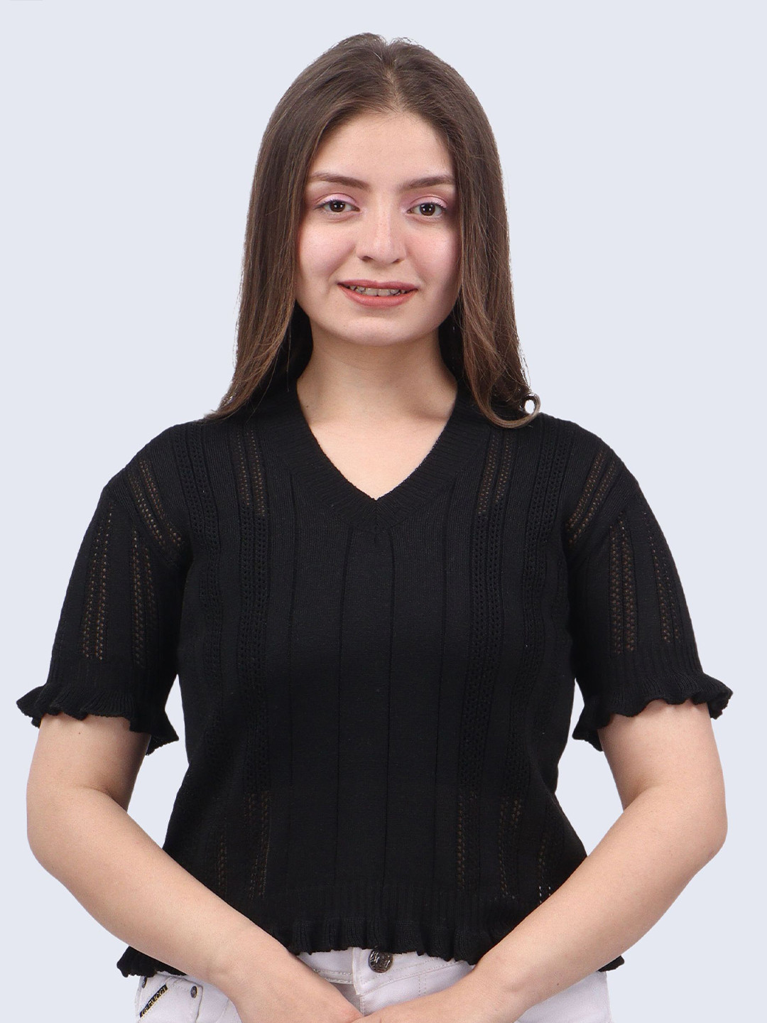 FEVERFEW Striped Self Design V-Neck Short Sleeves Cotton Top