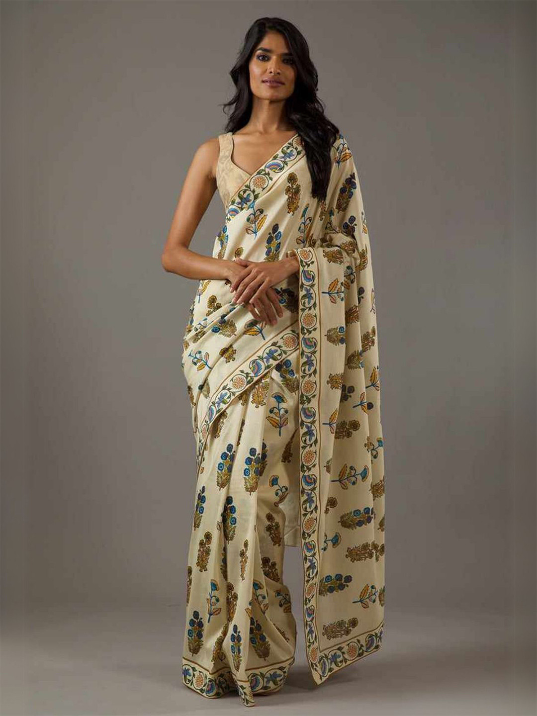 ODETTE Light Green Georgette Printed Saree With Unstitched Blouse