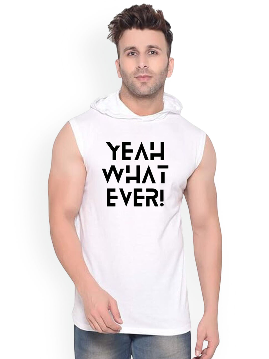 FABSTIEVE Yeah What Ever Printed Hooded Cotton Gym Vest