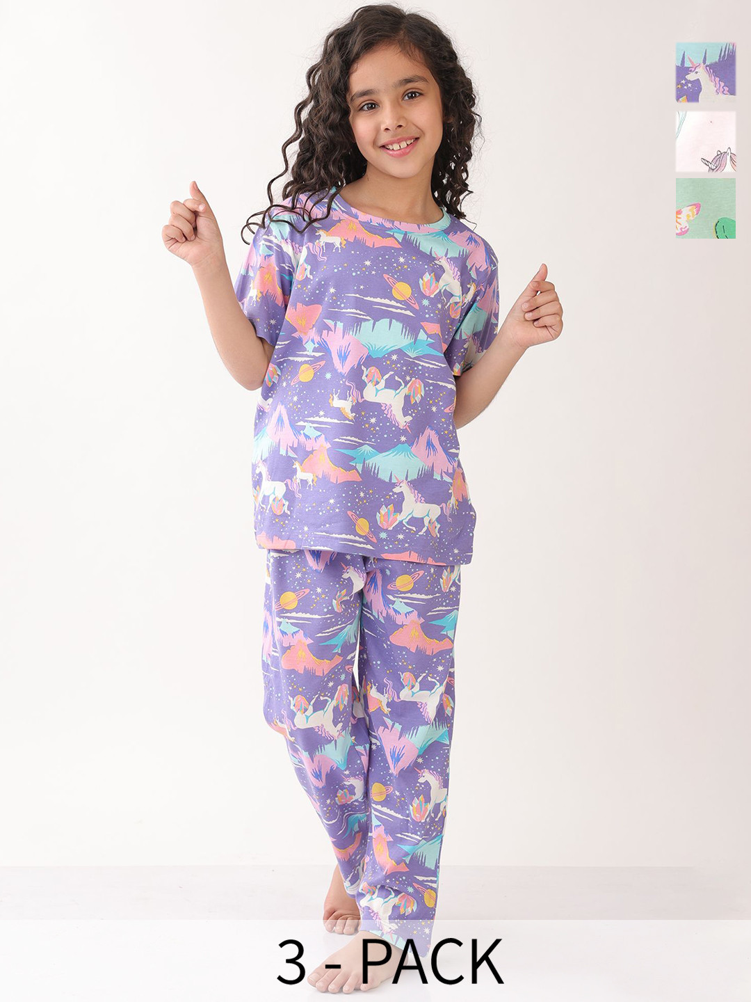 Anthrilo Girls Pack Of 3 Unicorn Star,Butterfly & UnicornPlanet Printed Cotton Night suits