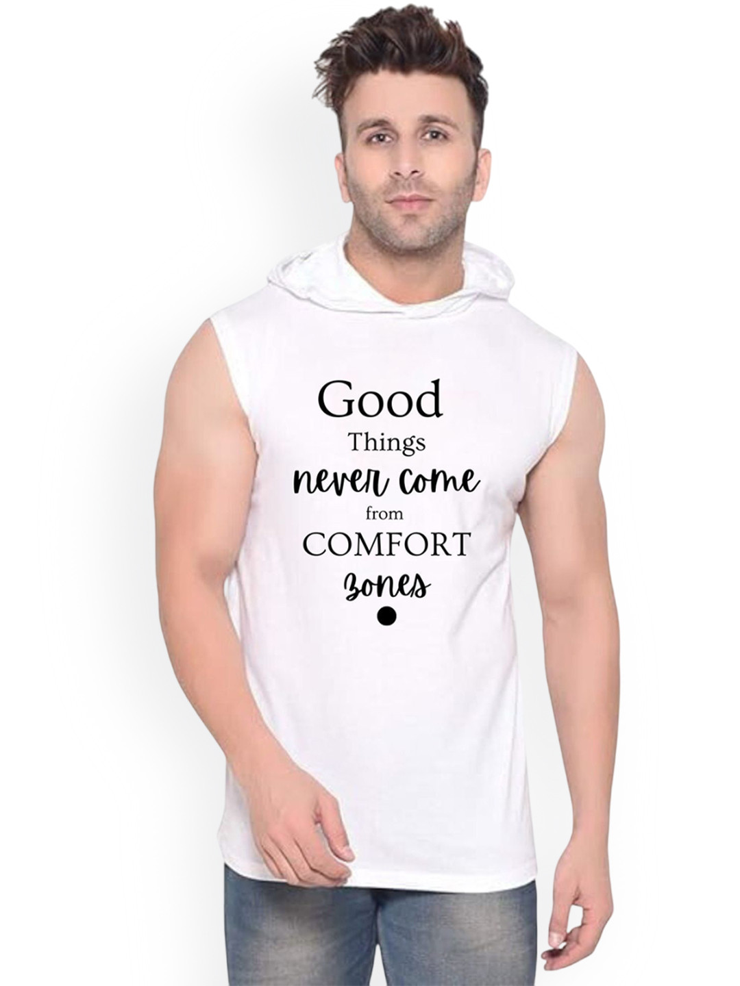 FABSTIEVE Good Things Printed Hooded Sleeveless Cotton Gym Vest