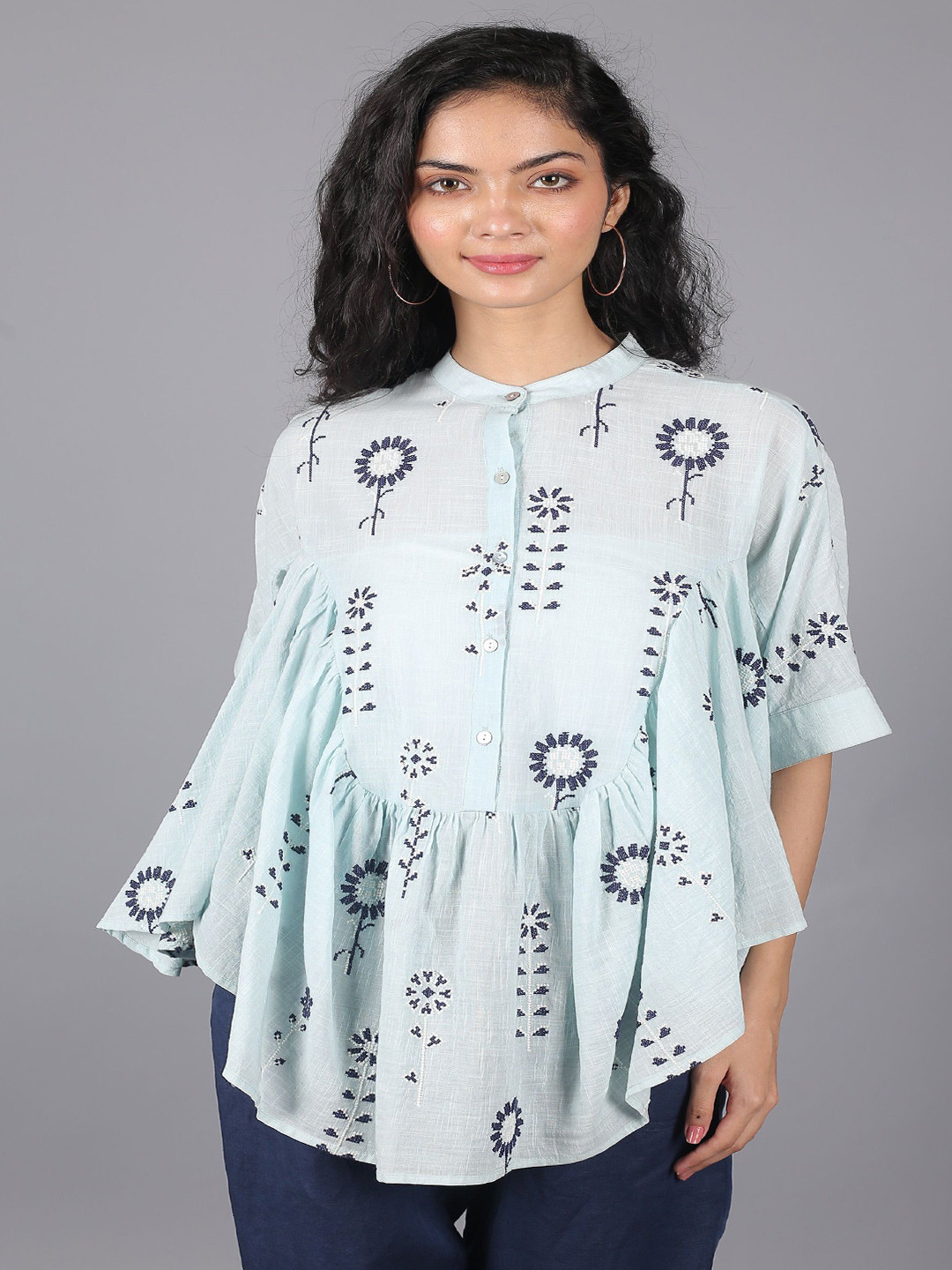 STIL O STITCH Embroidered Mandarin Collar Cotton Blouson Top