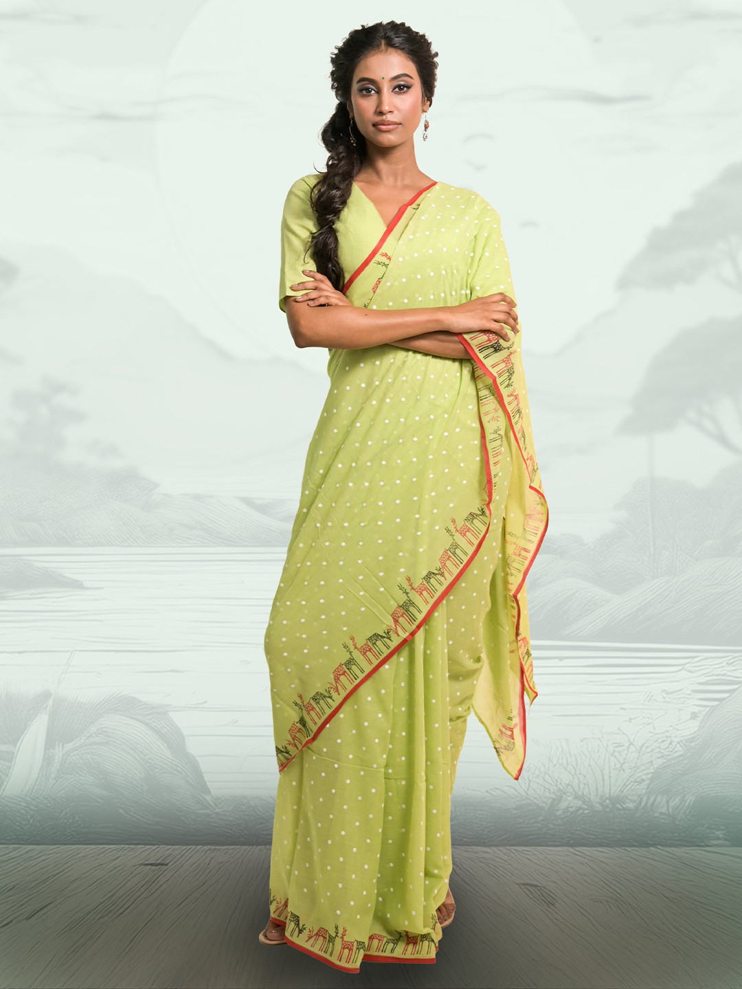 HUTS AND LOOMS Polka Dot And Reindeer Motifs Block Printed Mul Cotton Saree