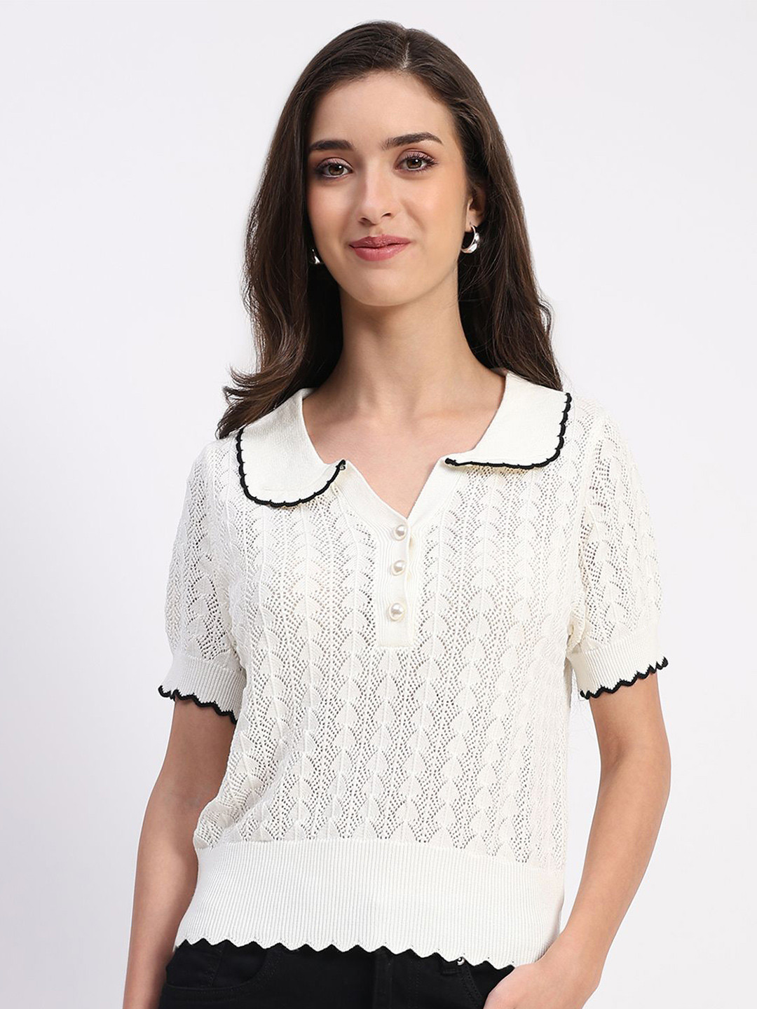 Global Republic  Self Design Peter Pan Collar Crop Top