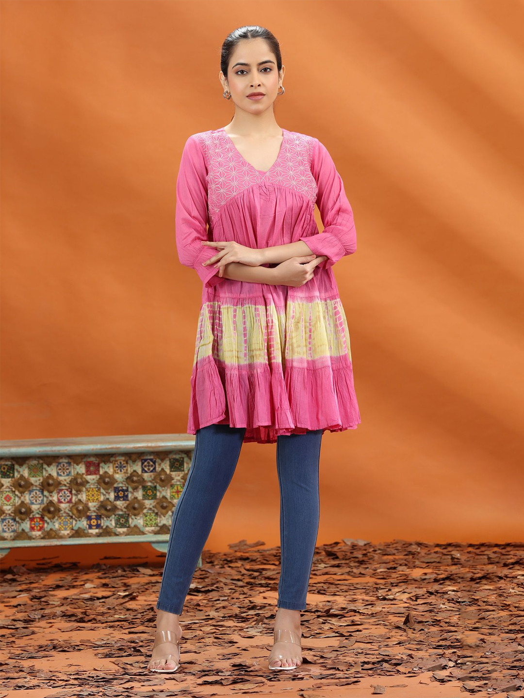 COTTON CULTURE Women Rose Pink Cotton Embroidered Short Tunic