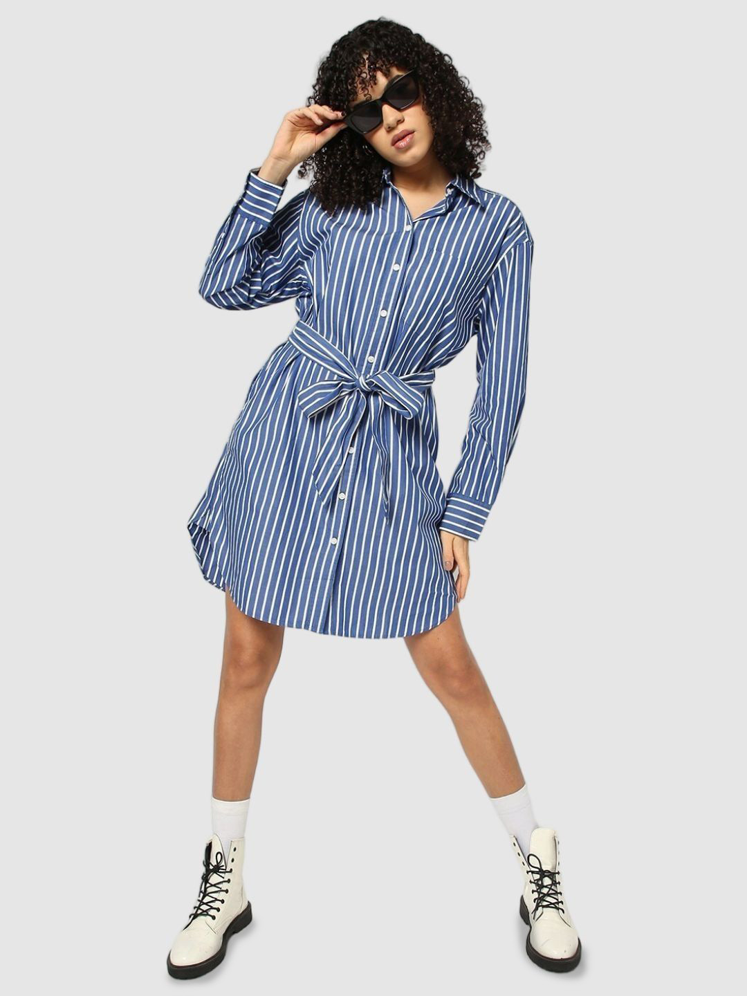 GAP Striped Full-Sleeves Poplin Pure Cotton Shirt Dress With Belt