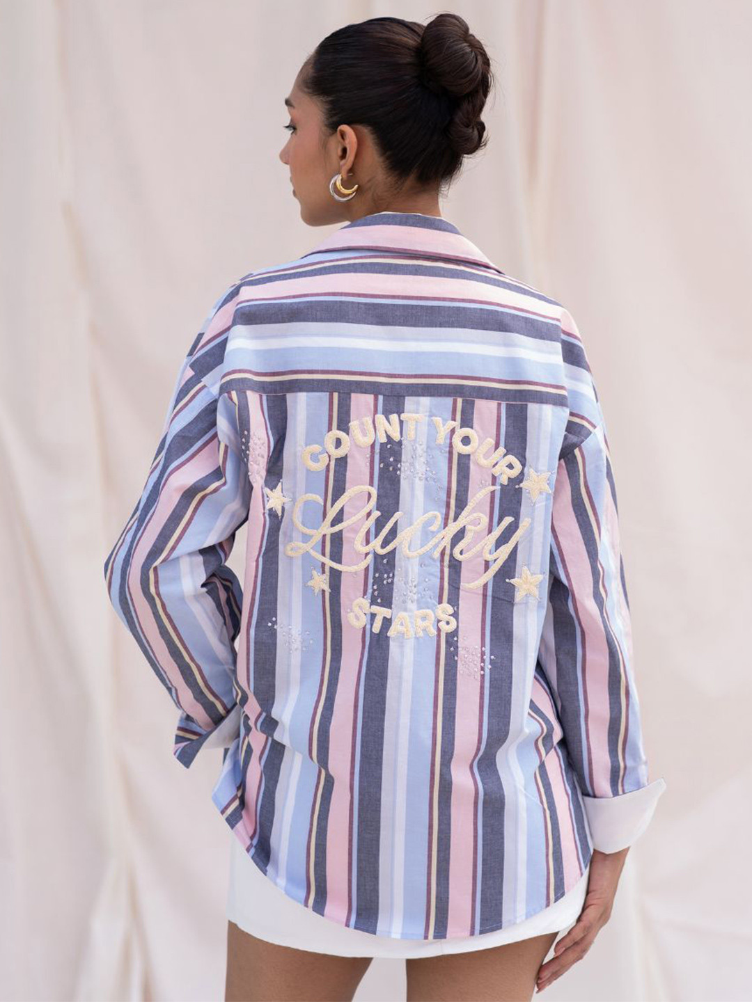 Urban Suburban Modern Vertical Striped Embroidered Relaxed Fit Pure Cotton Casual Shirt