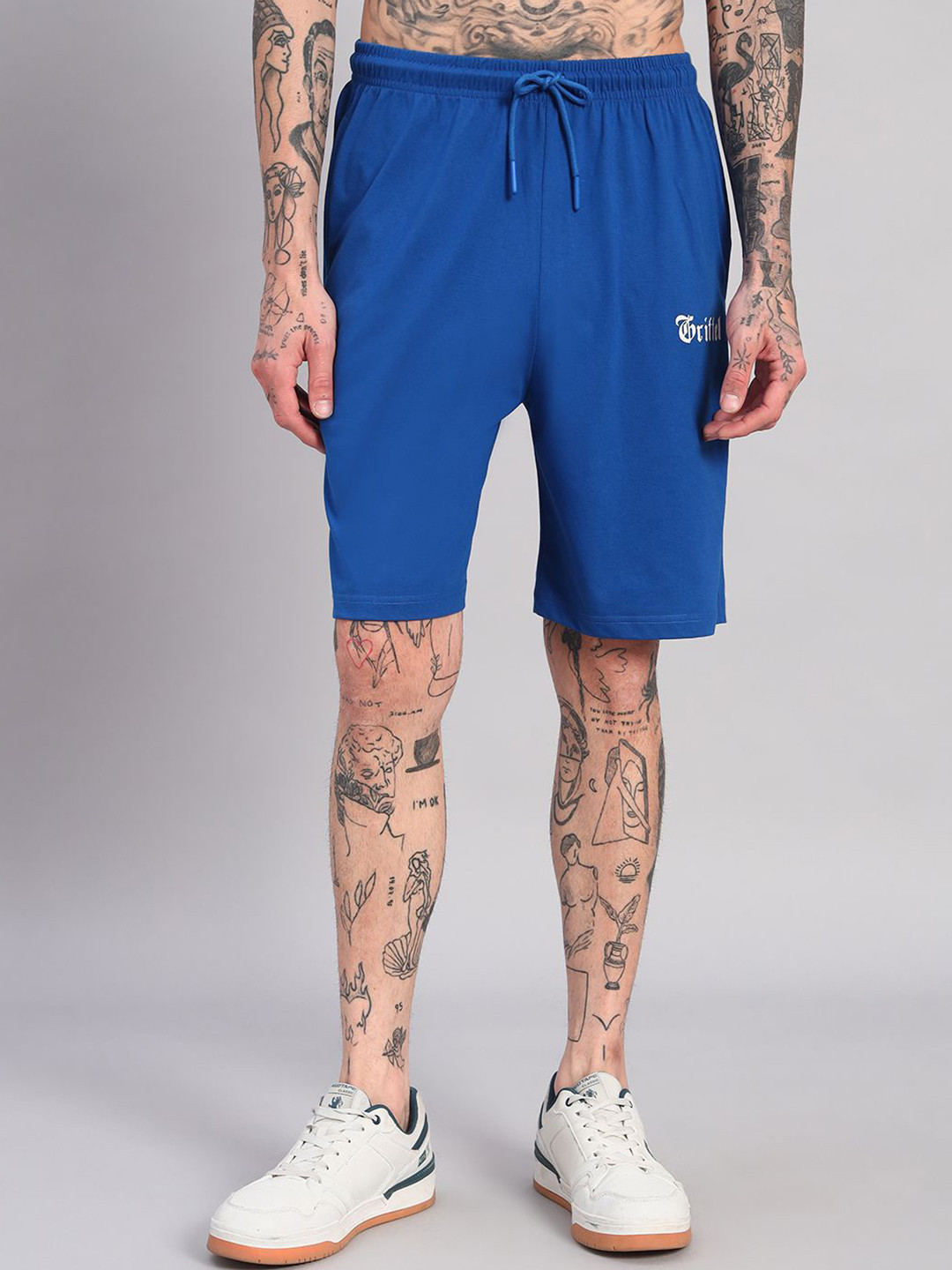 GRIFFEL 24303-RYL-WT-GRF-XS Men Loose Fit High-Rise Cotton Sports Shorts