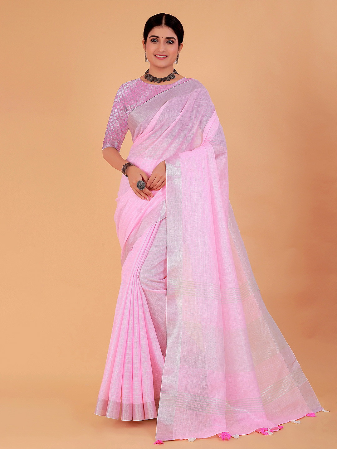 NEGRONI Solid Pink Zari Pure Linen Saree