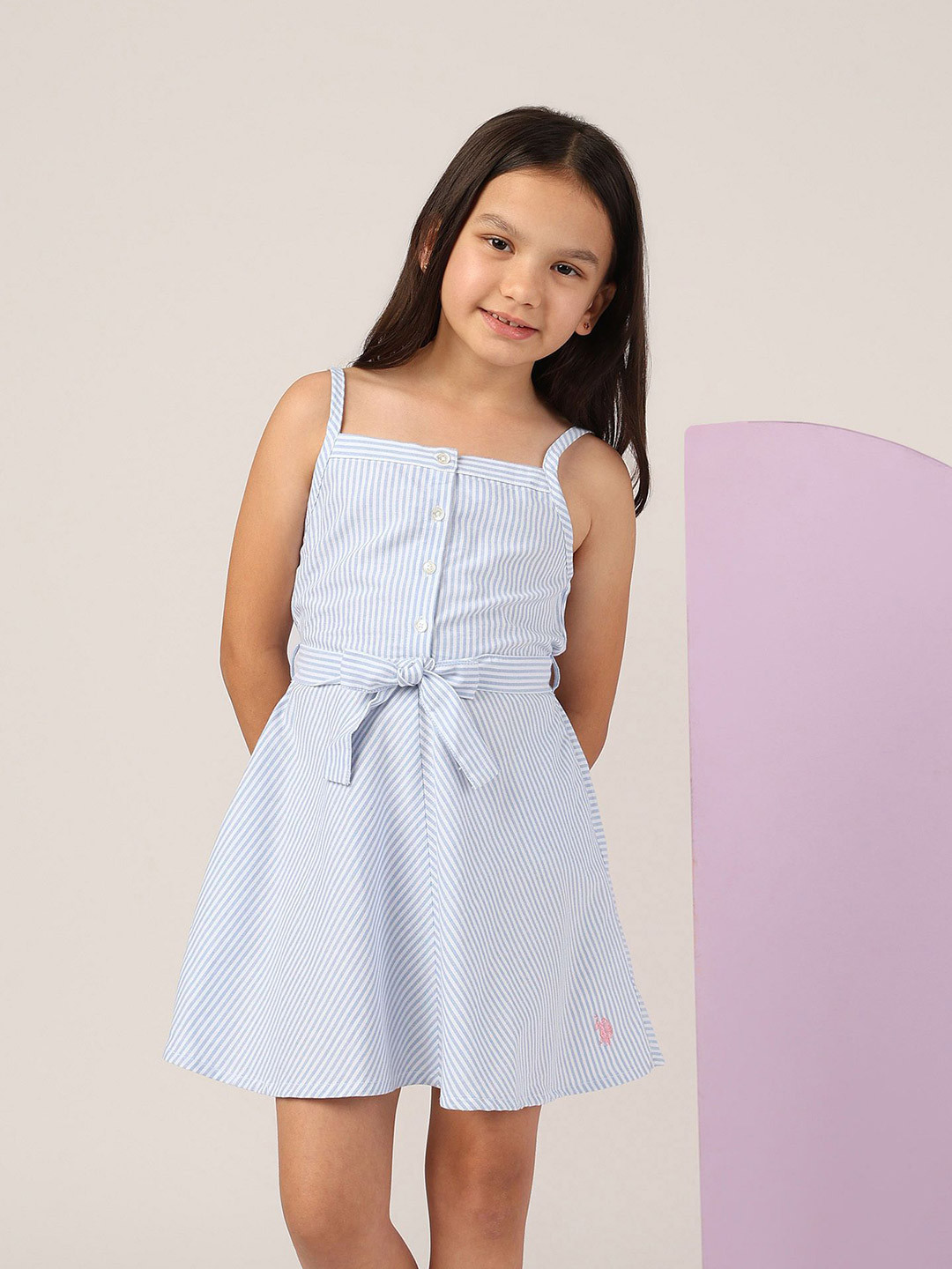 U.S. Polo Assn. Kids Girls Striped Square Neck Sleeveless Cotton A-Line Dress