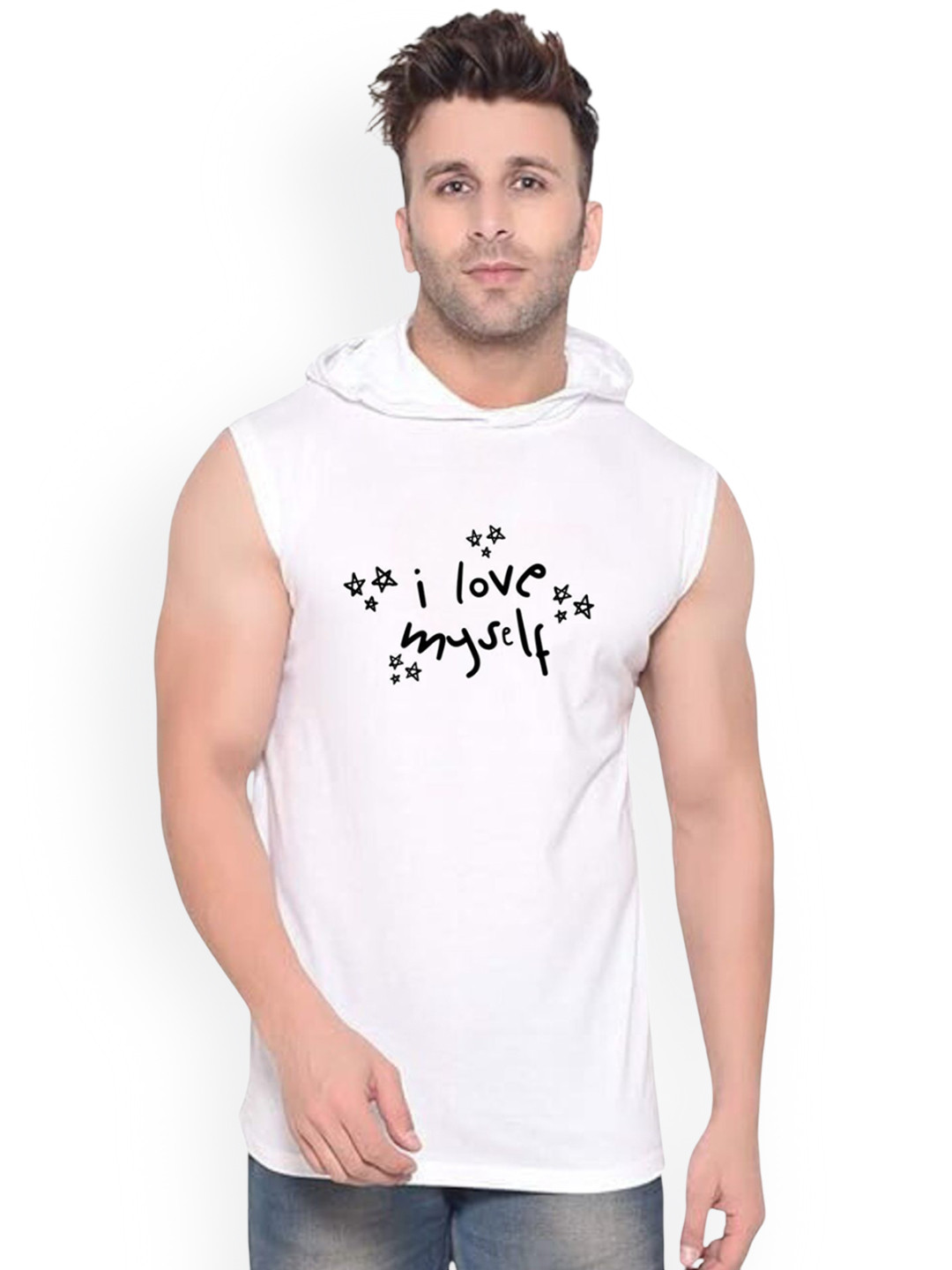 FABSTIEVE Men Typography Printed Cotton Hooded Basic Gym-Vest