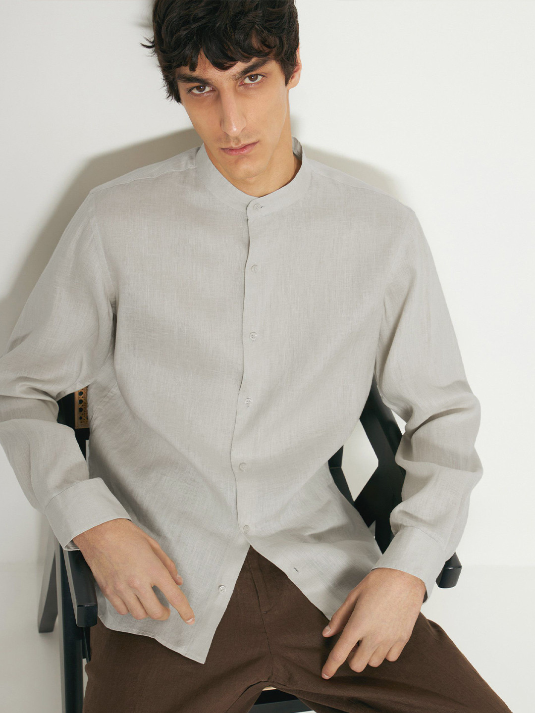 MISCHIEF MONKEY Band Collar Classic Pure Cotton Casual Shirt