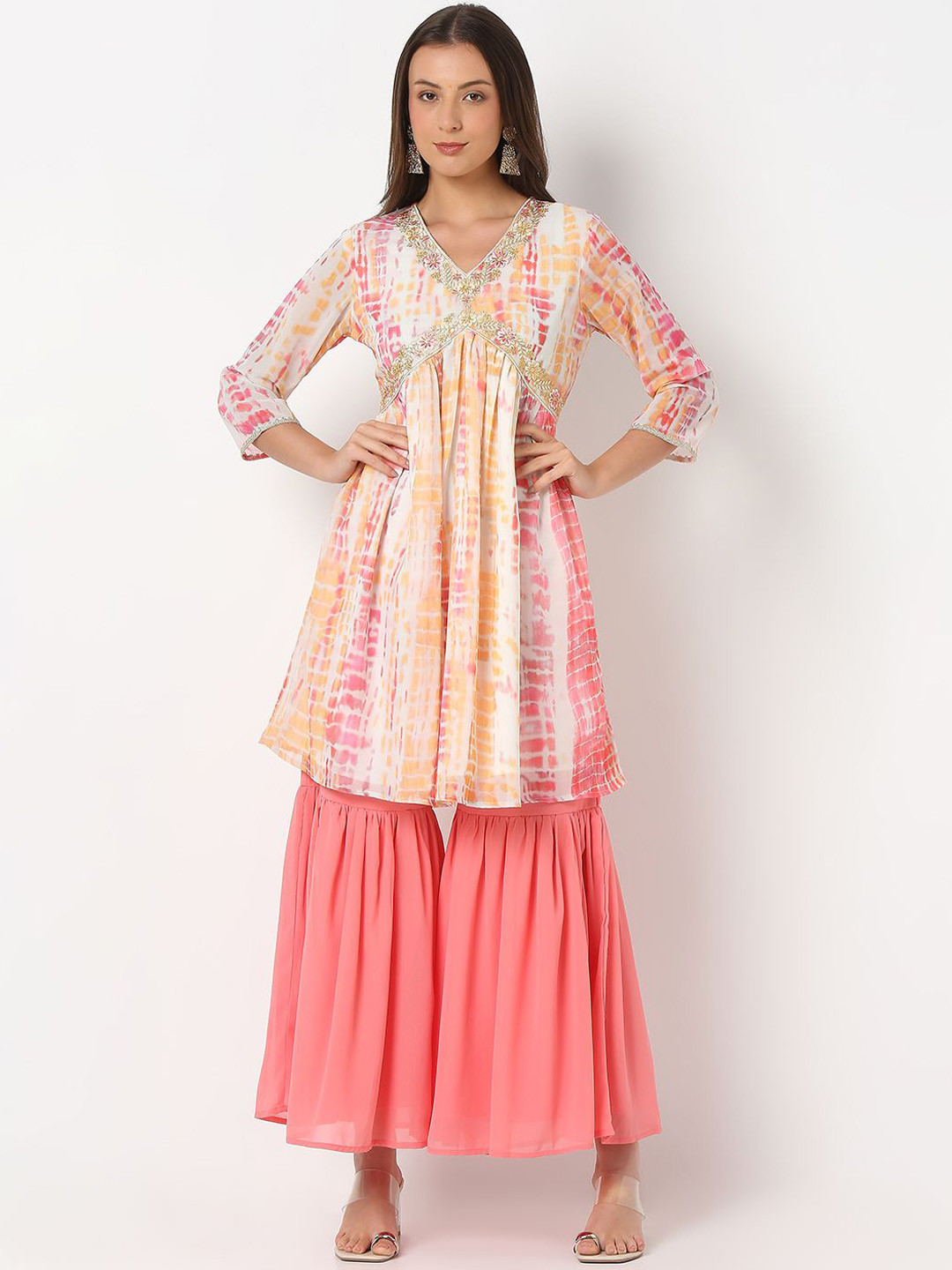 Ethnicity Women Abstract Printed Zari A-Line Straight Kurta Sharara With Dupatta