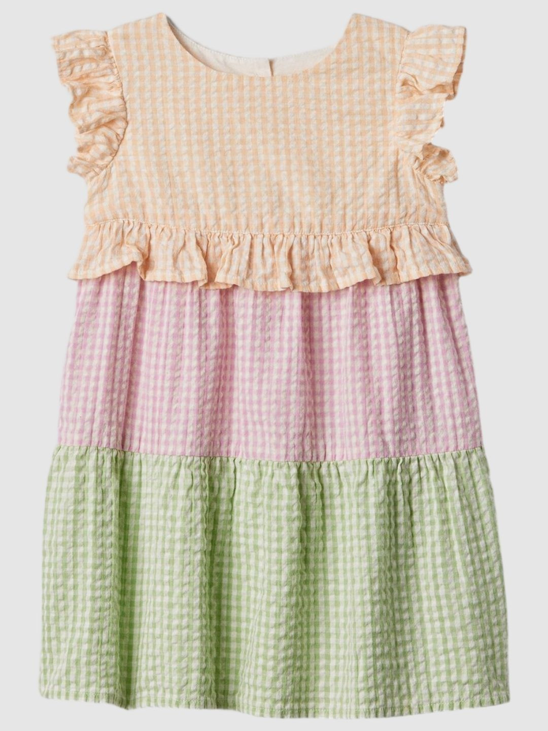 GAP Girls Multi Plaid Checked Tiered Pure Cotton A-Line Dress With Flutter Sleeves