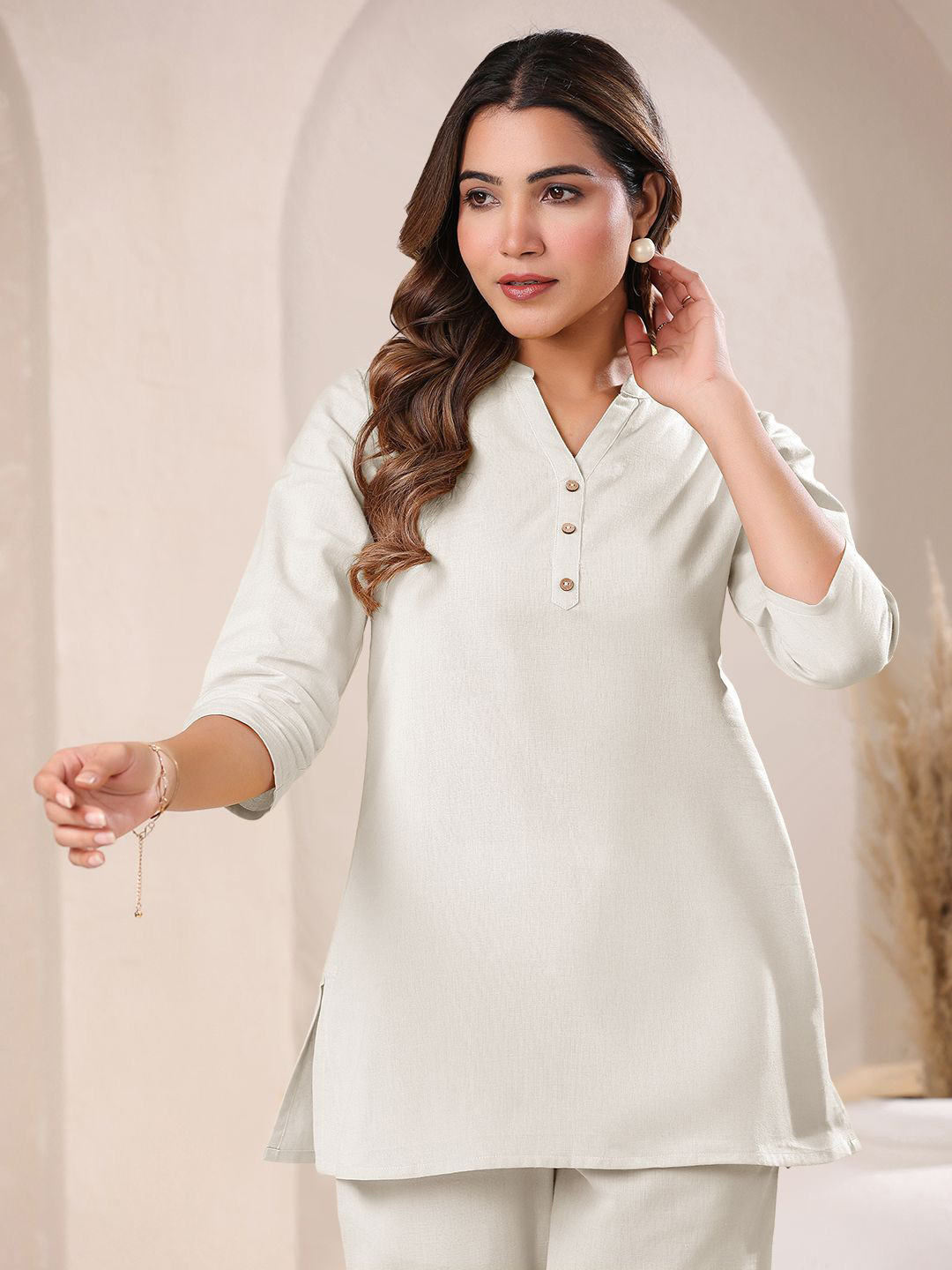Janasya Women's Off White Linen Cotton Solid A-line Top