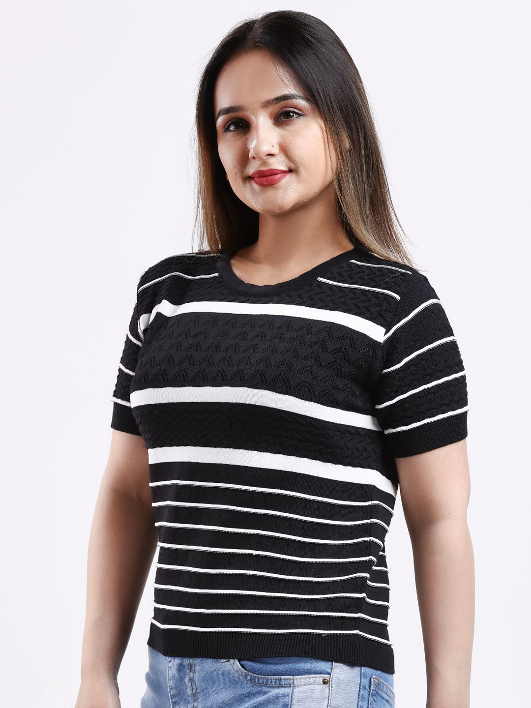 FEVERFEW Women Monochrome Striped Cotton Top