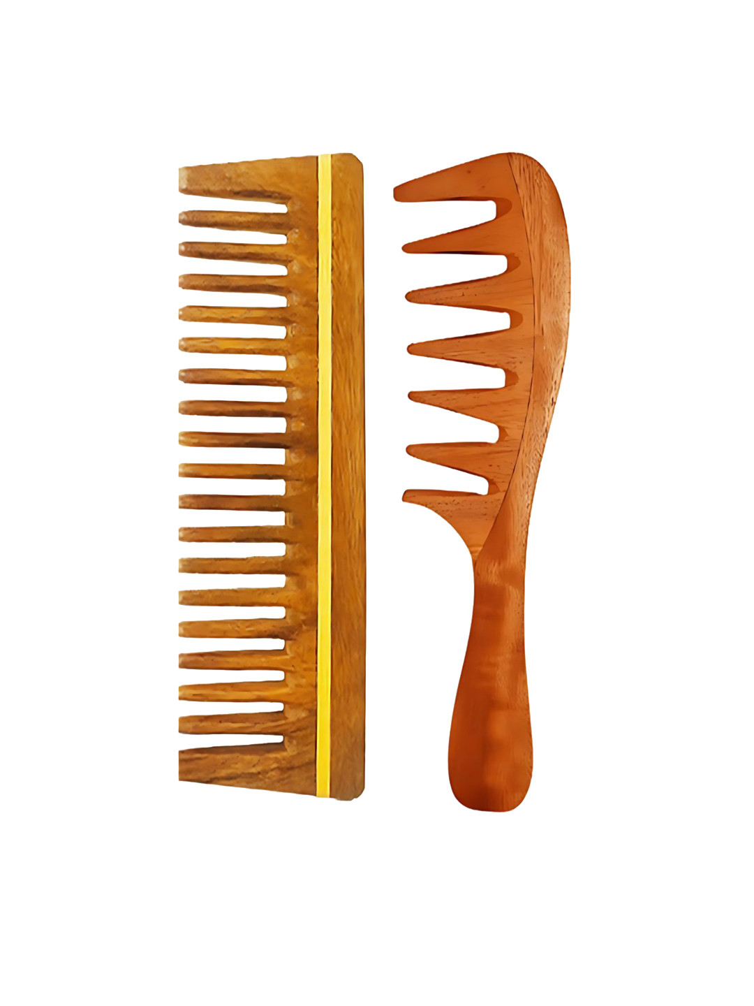 RUFIYS Set Of 2 Neem Wooden Wide Tooth Comb For Anti Dandruff Brown