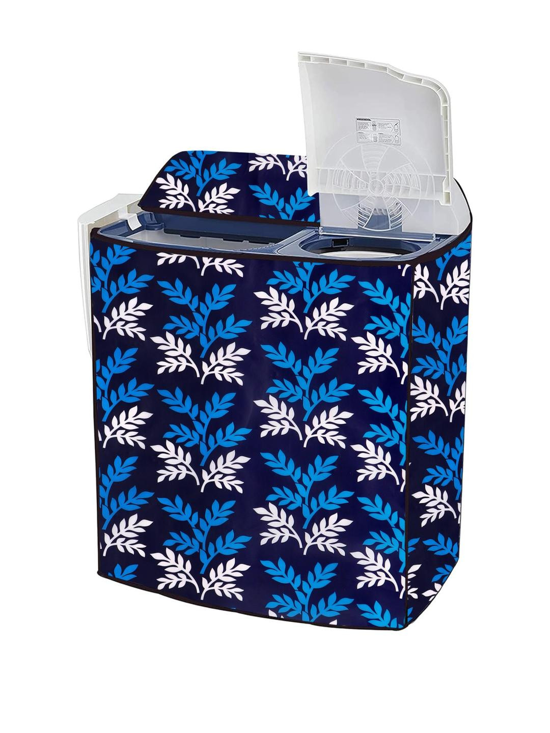 MOGNE FAB Blue & White Leaf Printed Semi Automatic Washing Machine Cover