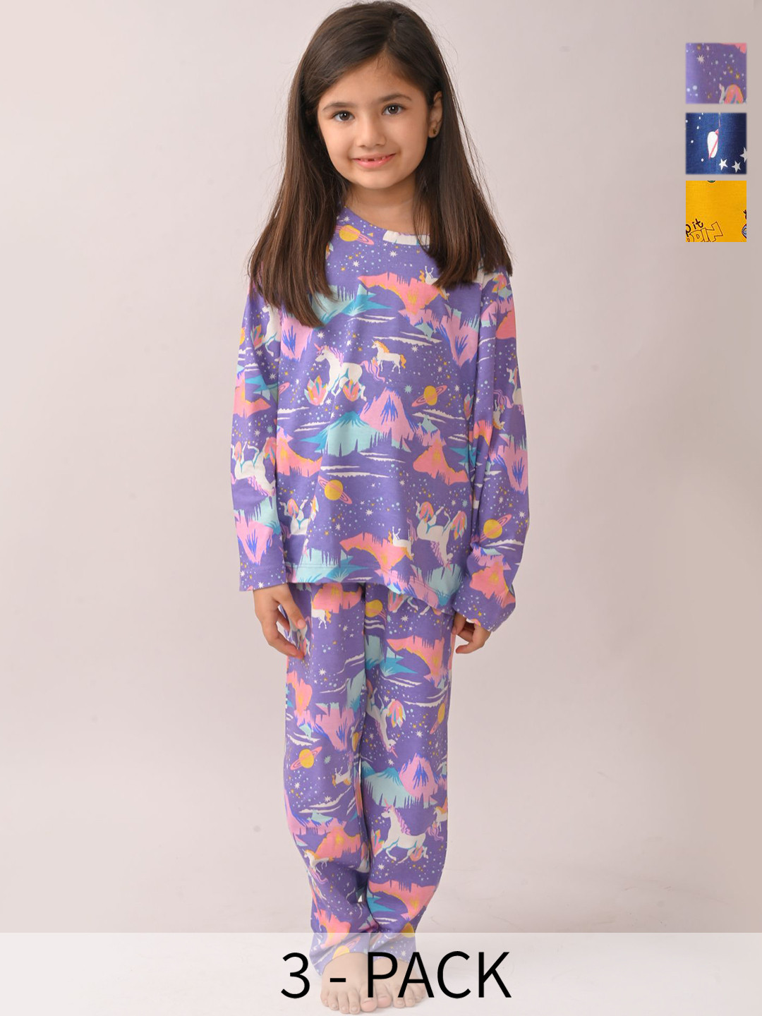 Anthrilo Girls Pack of 3 Solar Dreams,Unicorn Planet,Summer Pop It Long Sleeve Pyjama Set
