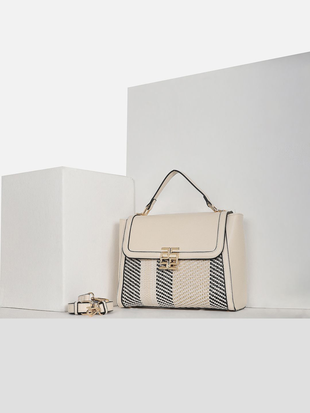 Allen Solly Woman Striped Baguette Buckle Detail Satchel Bag
