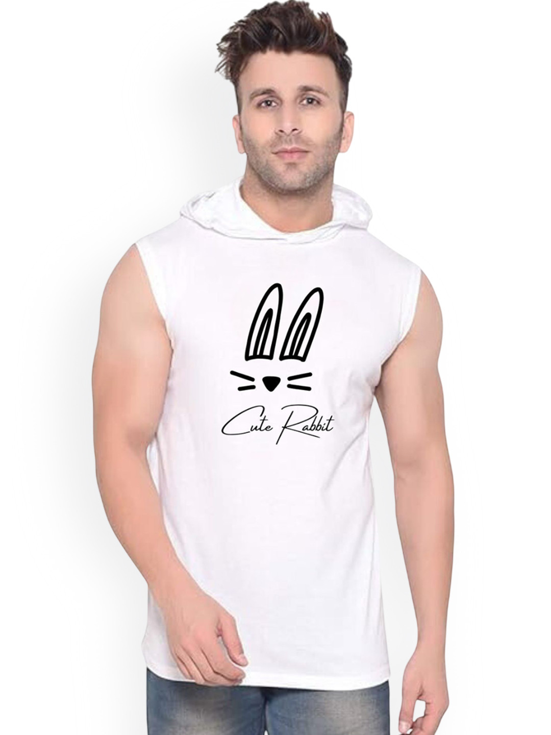 FABSTIEVE Cute Rabbit Printed Hooded Sleeveless Cotton Gym Vest