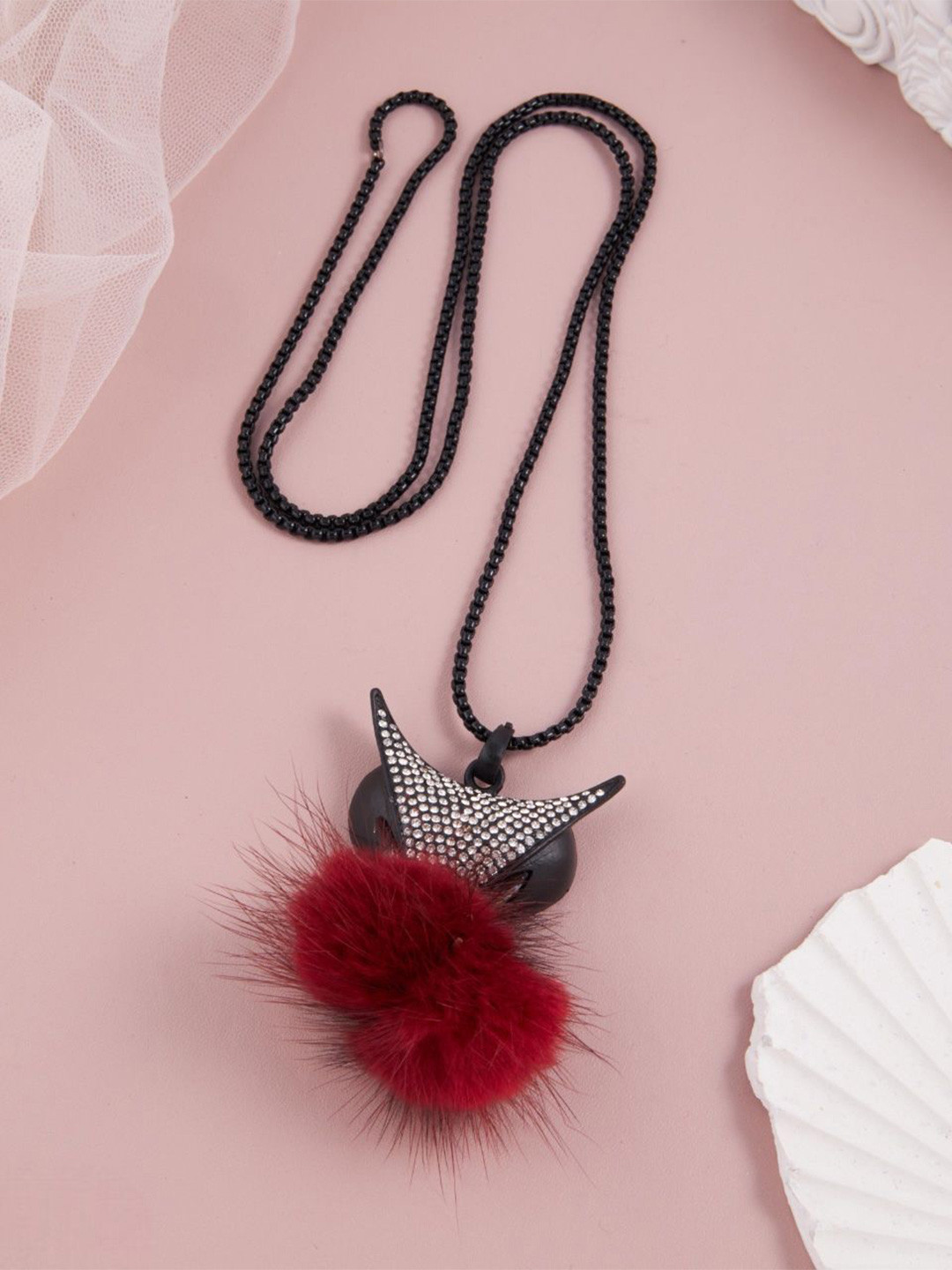 GC PREMIUM JEWELLERY Artificial Stones-Studded Red Fur & Devil Horn Pendant With Chain