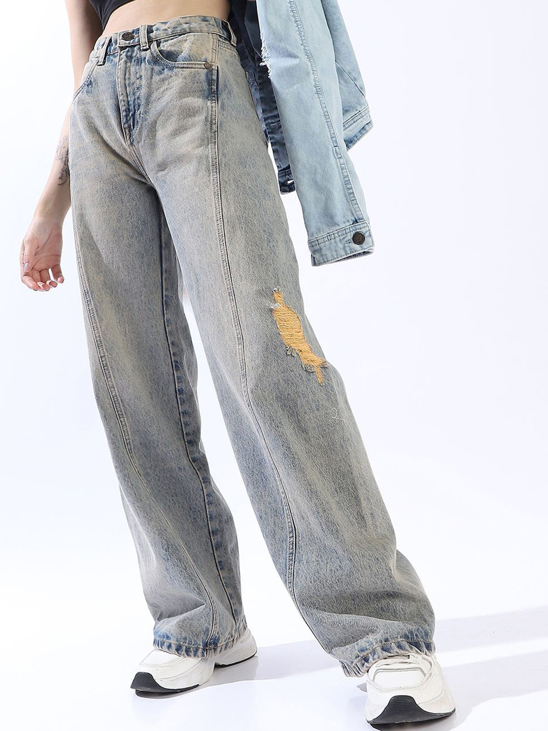 High Star Comfort Wide Leg High-Rise Cotton Ripped Jeans