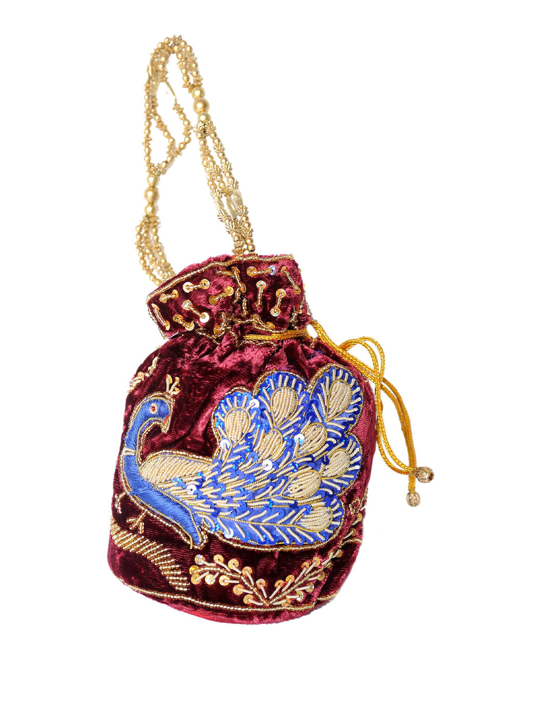 Exotic India Zardozi Embroidered Peacock & Sequinned Satin Potli Clutch