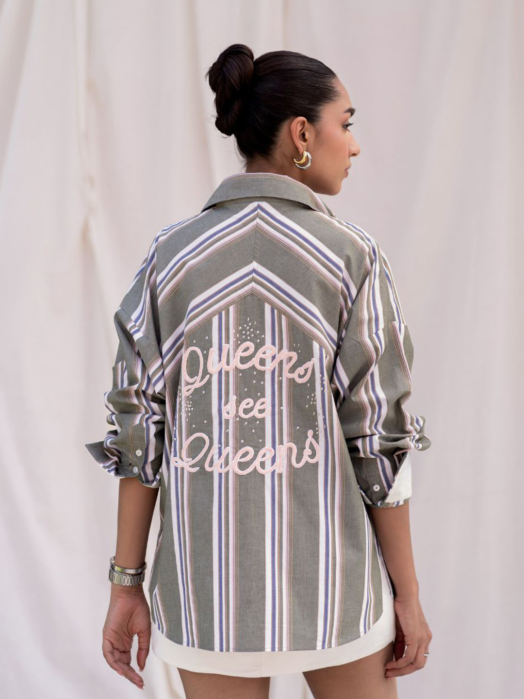 Urban Suburban Modern Vertical Striped Embroidered Relaxed Fit Pure Cotton Casual Shirt