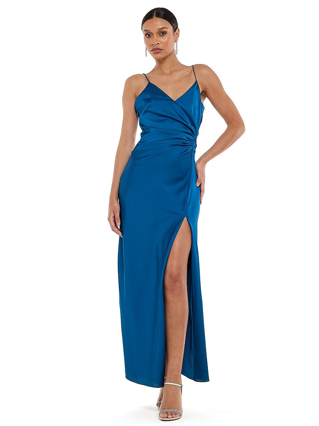 BCBG Women Satin Ruched Maxi Dress With Slit
